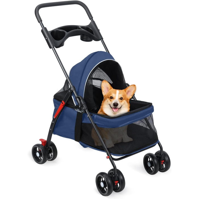 Дитяча коляска для домашніх тварин: маленьких собак та котів, складана переноска з поворотними колесами 360°, подвійна засувка, регульований капюшон 180°, зручна сітка (блакитна)