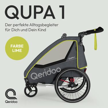 Причіп для велосипеда Qeridoo QUPA 1 з листковою підвіскою, складною кабіною, розширюваним сидінням, візок-причіп, регульована ручка, 5-точкова система ременів безпеки, для 1 дитини (Lime)