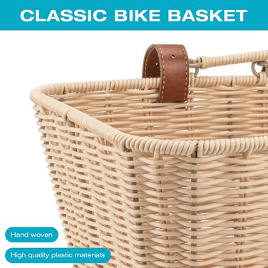 Фарбований велосипедний кошик CXWXC – міцний передній кошик з ручної плетіння з лози з регульованими ремінцями з веганської шкіри, бежевий
