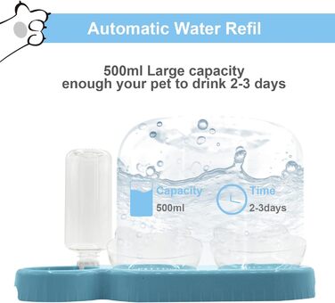 Набір мисок для котів та собак 2-в-1 з диспенсером води, антиковзаючою підкладкою та лопаткою (блакитний)