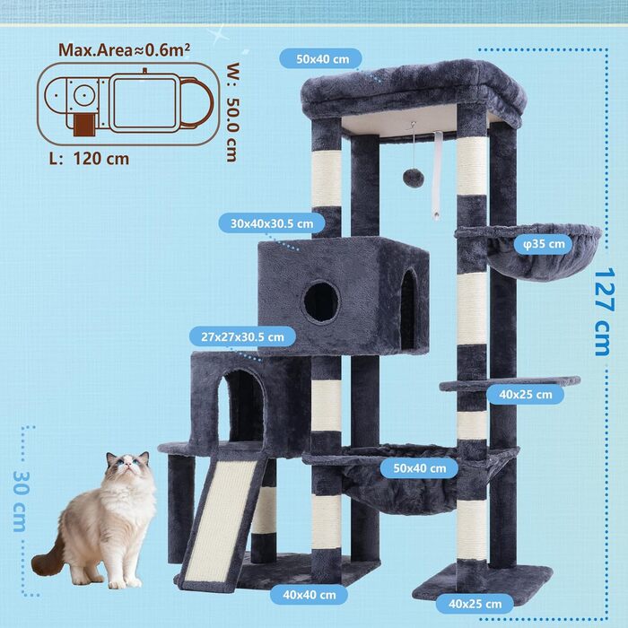 Котячий будиночок Hey-brother Kratzbaum: велика платформа, 2 печери, гамак, сизаль, кошик, 127 см, MPJ071W (димно-сірий)