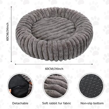 Килимок для кота, круглий, у вигляді подушки-бублика, для домашніх тварин, для маленьких собак, знімний, м'який, з антиковзким дном (50 x 50 см) (60 x 60 x 20 см, сірий)