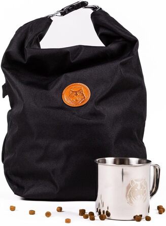 Чорна переносна сумка для собак Wilderdog з водонепроникним покриттям, контейнер для сухого корму та нержавіюча чашка