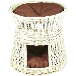 Кігтеточка-будиночок для котів: двоярусне ліжко з плетіння з лози, діаметр 50 см, з подушкою, білий колір