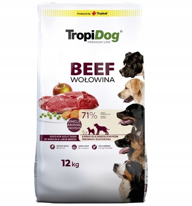 Сухий корм TROPIDOG PREMIUM для собак великих порід з яловичиною та рисом, без курки, 12 кг