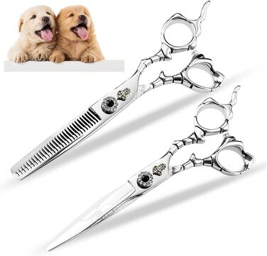 Набір ножиць для грумінгу собак 6 дюймів: прямі та розріджуючі ножиці для професійного догляду за шерстю. З регульованим гвинтом та візерунками. Срібний колір.