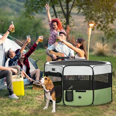 PETSFIT Розкладний вольєр для цуценят та дрібних тварин, вольєр для собак та котів, з водонепроникним дном, Pop-up система, захист від гризучих, 92 x 84 x 53 см (Сірий/Зелений)