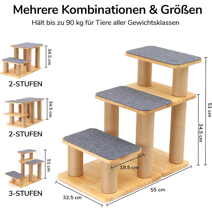 Сходинка для собак FUKUMARU, 3 сходинки, дерев'яна (сосна) з джутової тканини, регульована висота 18-51 см, вантажопідйомність до 90 кг, 6 варіантів підйому на ліжко/диван, сірий колір