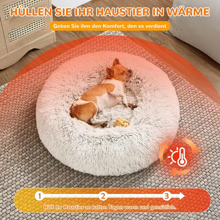 Ліжко для собак і котів ALLSOPETS, м'яке плюшеве, кругле, антистрес, зі знімним чохлом, несковзка основа, біле, 60 см – для малих і середніх порід