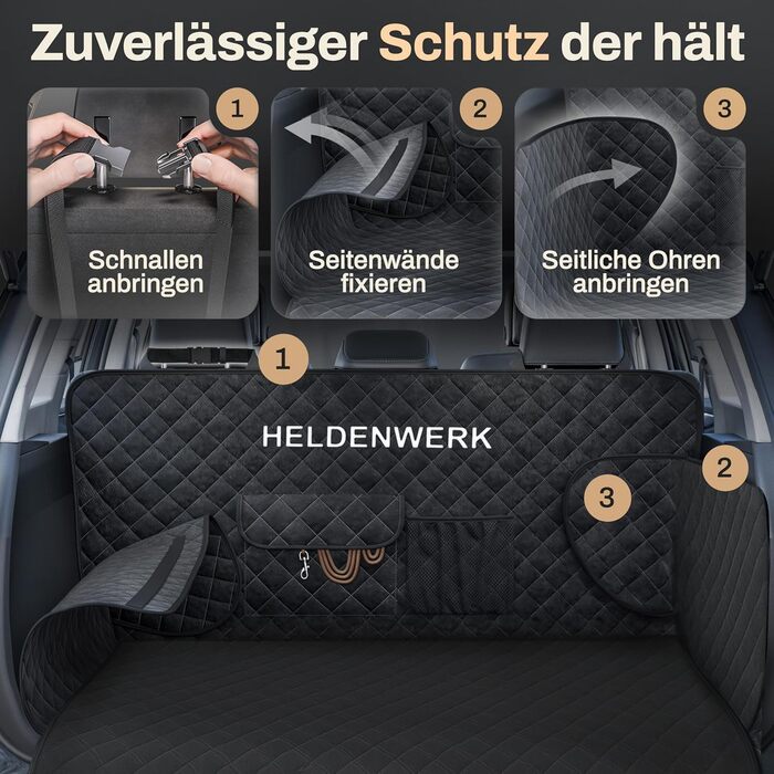Захист для багажника авто від бруду та подряпин для собак HELDENWERK, чорний, преміум-якість, стежканий, з захистом бокових панелей та краю багажника, водовідштовхувальний, універсальний