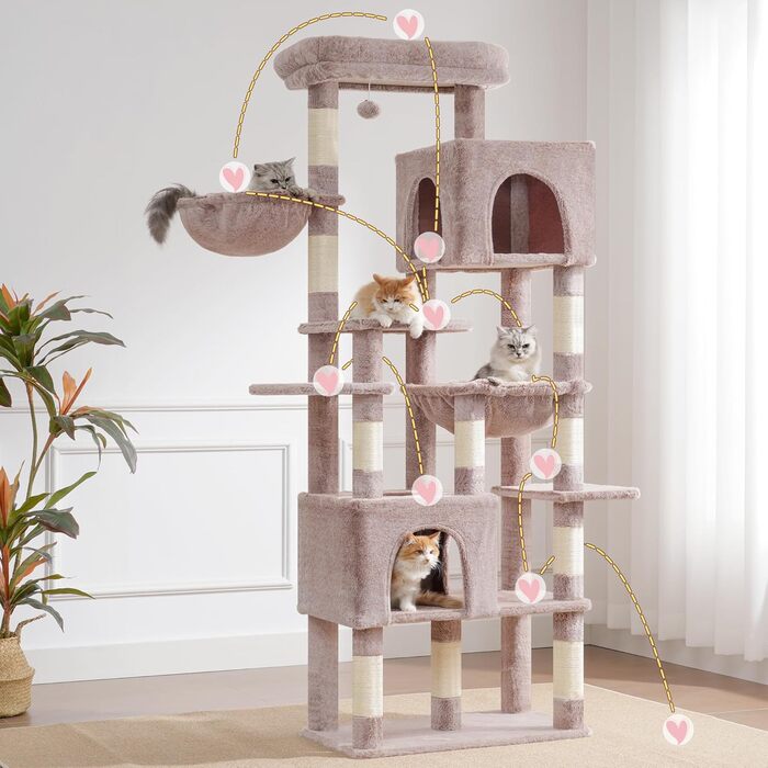 Комплекс для котів Heybly Kratzbaum 193 см: Дряпка-стовпчик з будиночками, гамаком та кошиком