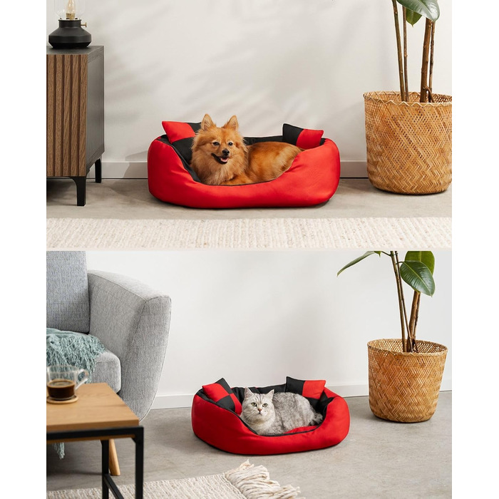 Кілимок-ліжко для собак Lionto 4-в-1 з двостороннім подушкою, 65x50 см, з міцного оксфорду, водовідштовхувальний, для котів та собак всіх розмірів, з глибоким входом, з декоративною подушкою, червоний/чорний