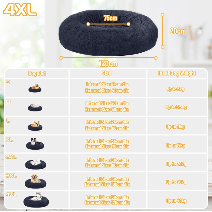 Кругле ліжко для собак і котів з плюшу, 120 см, сіре (4XL)