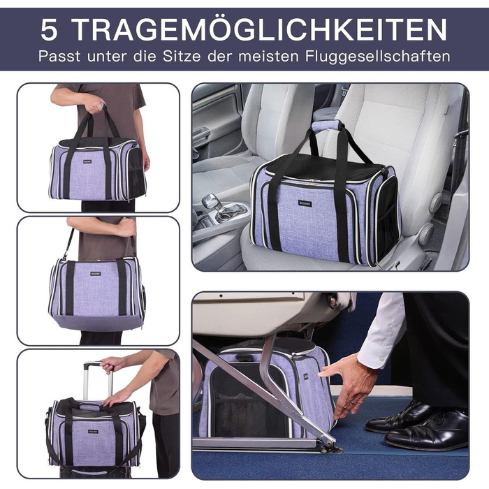 Сумка-переноска для котів та собак BAGLHER (фіолетова L 44x30x29 см) - для авіаперевезень, розширювана, м'яка, з флісовою підкладкою