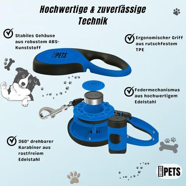 Висувна поводок для собак CORTESPETS® 5м, до 50 кг, блакитний | Високоякісний рулонний поводок
