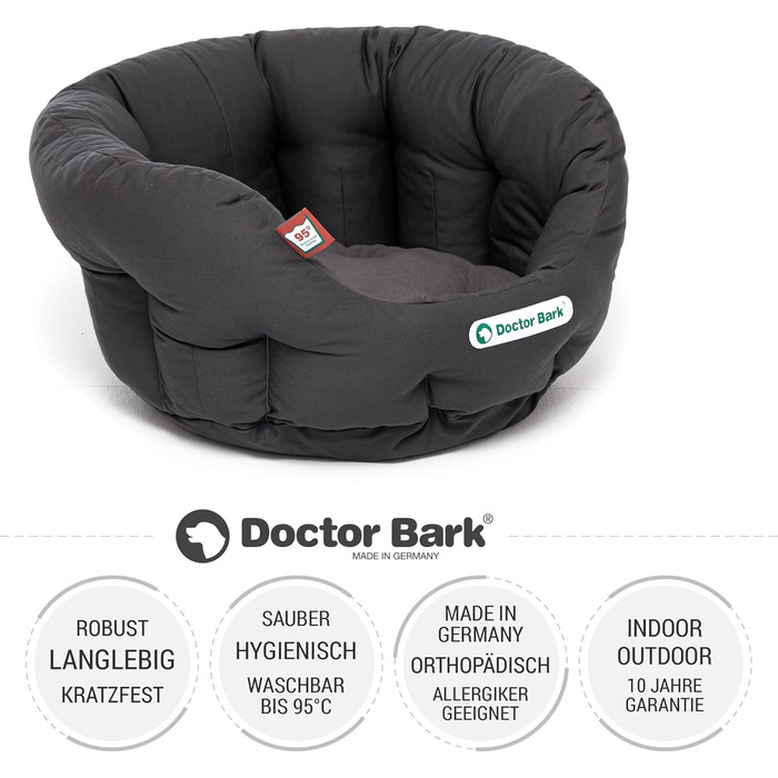 Ліжко для собак Doctor Bark кругле, ортопедичне, м'яке, з двосторонньою подушкою та іграшкою, для малих порід, 40x35 см, сіре, пране при 95°C, Німеччина