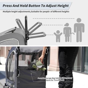 Візок для собак EchoSmile для маленьких та середніх собак до 20 кг, для бездоріжжя, складаний, з подвійними гальмами, ременями безпеки та сітковими віконцями, сірий