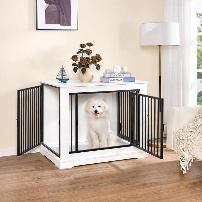 BEWISHOME Клітка для собак, 81 см, дерев'яна, з 3 дверцятами, біла, для дому, Beistelltisch (табличка), 81x55x67.5 см, EMGL03W
