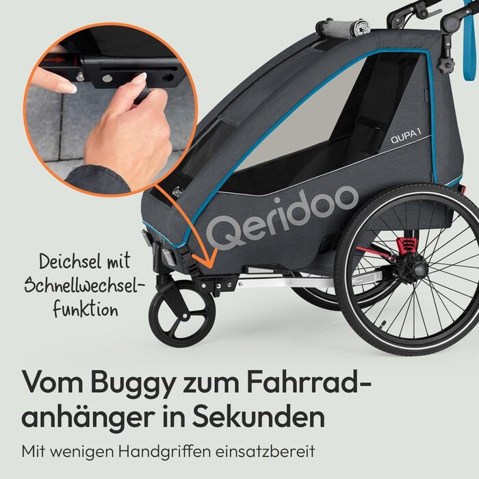 Причіп для велосипеда Qeridoo QUPA 1 з листковою підвіскою, складаною кабіною, розширюваним сидінням, візок-причіп, регульована ручка, 5-точкова система ременів безпеки, для 1 дитини, блакитний