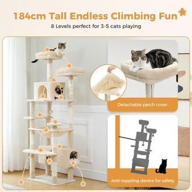 PAWZ Road Дряпка для котів велика, 184 см, 7 стовпів сизалю, гніздо, кошик, для дому, бежевий