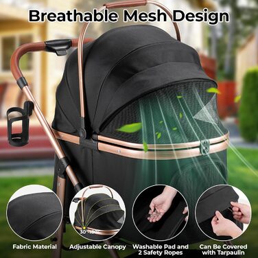 Візок для собак MAMIZO 3-в-1: переноска, візок, бугі для собак та котів (до 25 кг), чорний