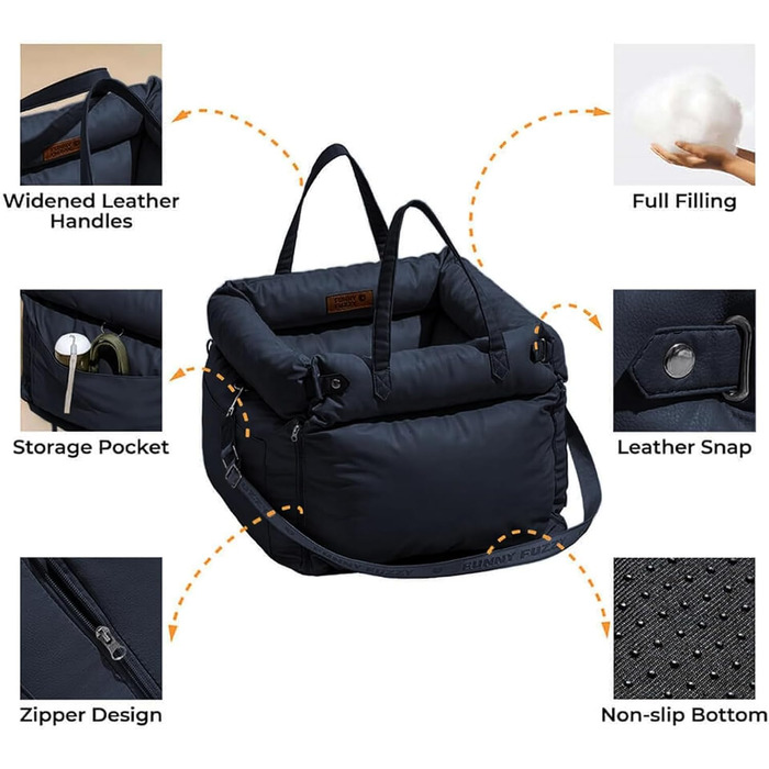 Автокрісло для собак середнього розміру Funny Fuzzy: чорне, водонепроникне, 3-в-1, з м'якої шкіри, для подорожей та дому, безпечне та портативне (до 15,9 кг)