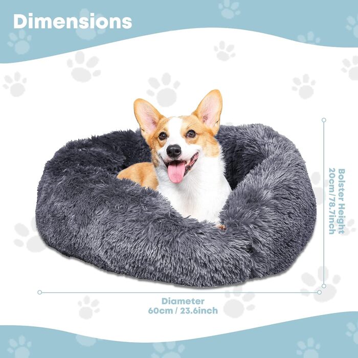 Кругла лежанка для собак та котів GONICVIN, 60 см, сіра, антистресова, знімний чохол, нековзна підставка