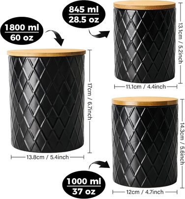 Набір з 3 вазок для зберігання Miamio Palmanova, кераміка з дерев'яним кришкою, білий та чорний кольори