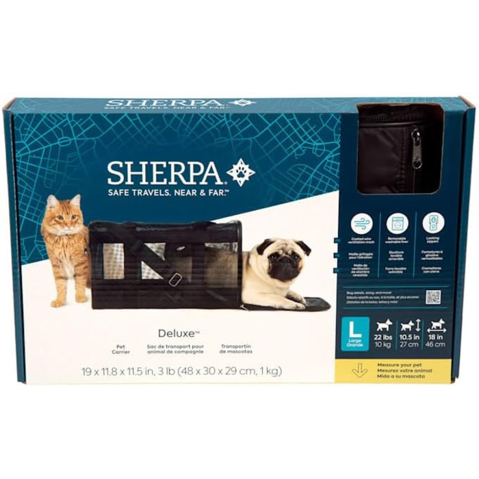 Транспортна сумка для собак та котів Sherpa Deluxe, розмір L, чорна, схвалена авіаперевізниками, м'які стінки, 48 x 30 x 29 см