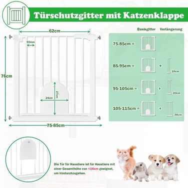 Захисні ворота для дітей та домашніх тварин SUBTLETY з дверцятами для котів, розширювані, без свердління, 85-95 см, білий