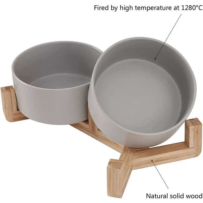 Керамічна миска для собак і котів з бамбукового підставки 2 шт. 600 мл (сірий)