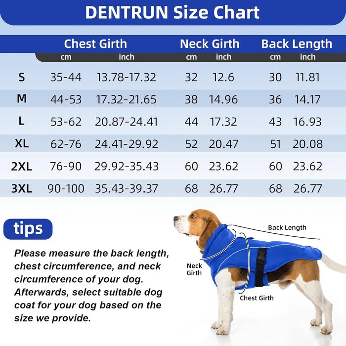 Водонепроникний теплий зимовий одяг для собак DENTRUN, флісова підкладка, куртка для собак середнього розміру (Синій, M)