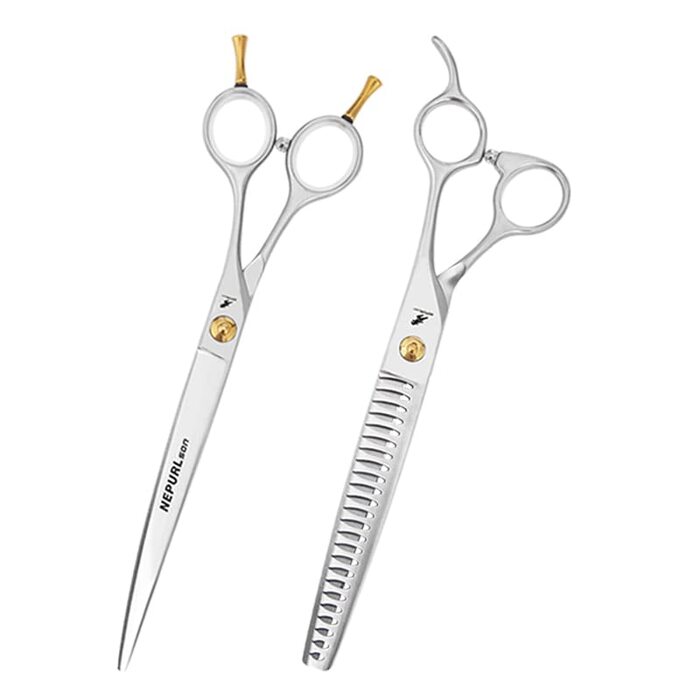 Набір професійних ножиць для грумінгу домашніх тварин 19,1 см: прямі, зігнуті, фінішна ножиця. VG10 сталь (зігнуті, товсті)