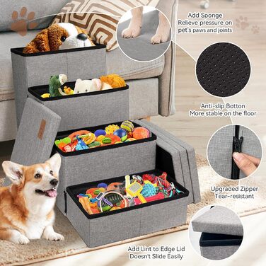 Сходинки для собак з місцем для зберігання, 58,4 см, 4 сходинки, широкі, для високих ліжок, вікон, складані, стабільні, для собак та котів, 109,2 x 43,2 x 58,2 см, сірі