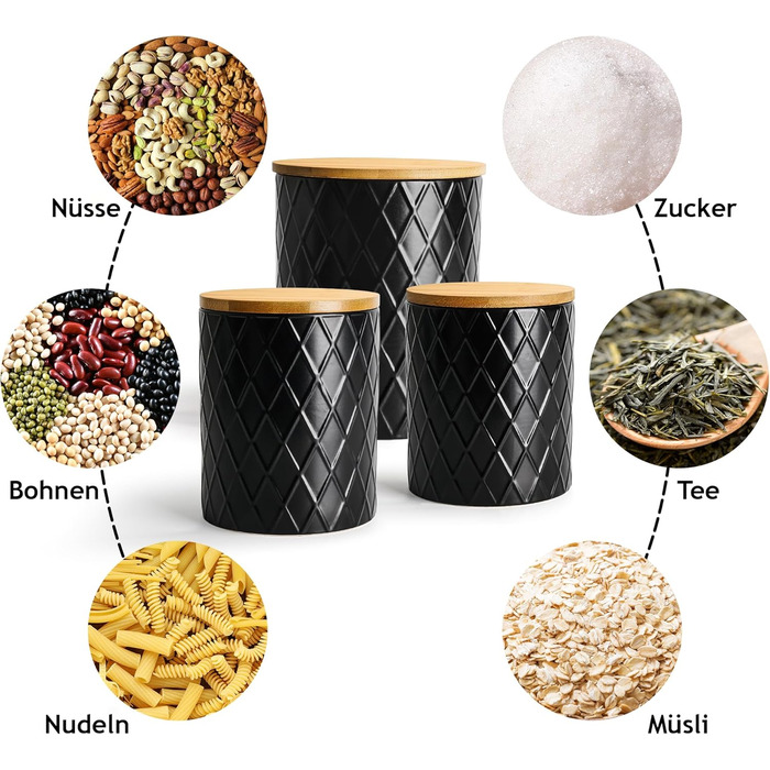 Набір з 3 вазок для зберігання Miamio Palmanova, кераміка з дерев'яним кришкою, білий та чорний кольори