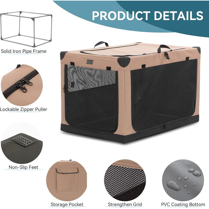 Транспортна переноска для собак Petsfit XL, складана, для дому, велика, середнього та малого розміру, з регульованим чохлом, легка у зберіганні, бежева