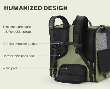 Рюкзак-переноска для котів та маленьких собак Pecute, темно-зелений. З вентиляцією, міцний, ергономічний, для подорожей, кемпінгу та походів.