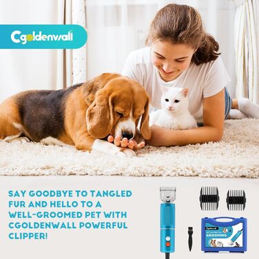 CGOLDENWALL Професійна машинка для стрижки собак, 300W, регулювання швидкості, 3м кабель, для всіх типів шерсті, 2 насадки (3/6мм, 9/12мм)