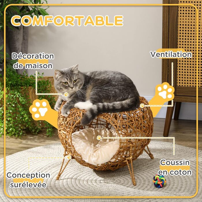 Будинок-лежак для котів PawHut з ротангу з м'якою подушкою, Ø 40 x 32 см, світло-коричневий