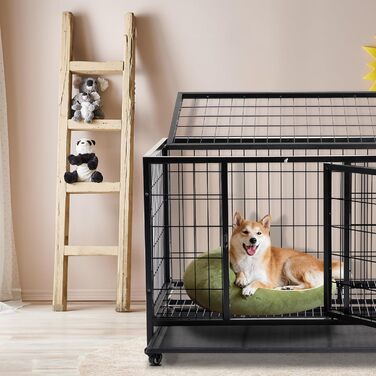 Міцна переносна переноска для собак, 2 двері, фіксуючі колеса, знімний піддон – для середніх та великих собак – чорна (92x62x75 см)