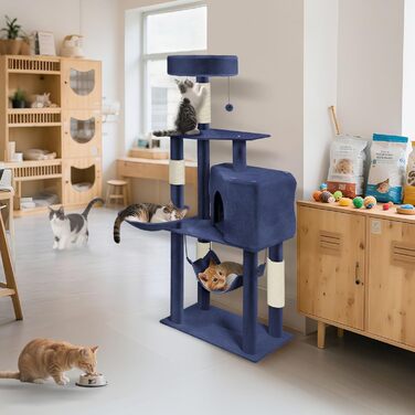 Кігтеточка-комплекс YRHome Katzenbaum (133.5 см) з платформами, гамаком та ігровим будиночком (блакитно-сірий)