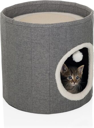Квітковий будиночок для котів PAWY з подушкою, складне ліжко для котів з тканини букле, знімний верх, 40x40x44 см (Круг / 38 x 38 x 38 см, Сірий)