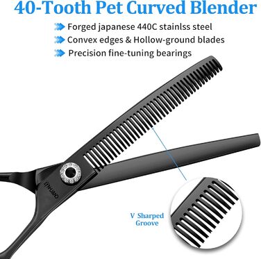 Професійна вигнута ножиця для грумінгу собак, гострі леза, універсальна ножиця, ножиці для догляду за собаками, японська сталь 440C, плавне різання, чорний, 17,8 см
