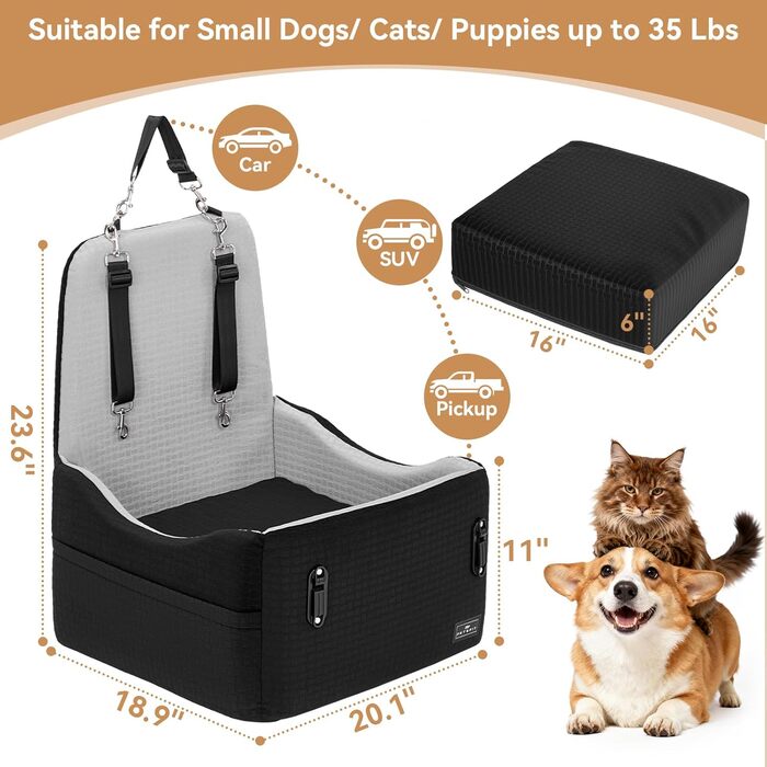 Автокрісло для собак PETSFIT до 15 кг з пам'яттю, 2 відділення, чорно-сірий