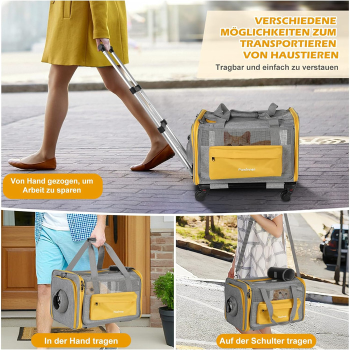 Транспортна переноска для котів та собак Pawinner з колесами, 45x33x33 см. Зручна переноска-тролей для авто та літака, складна, дихаюча, для тварин до 9 кг
