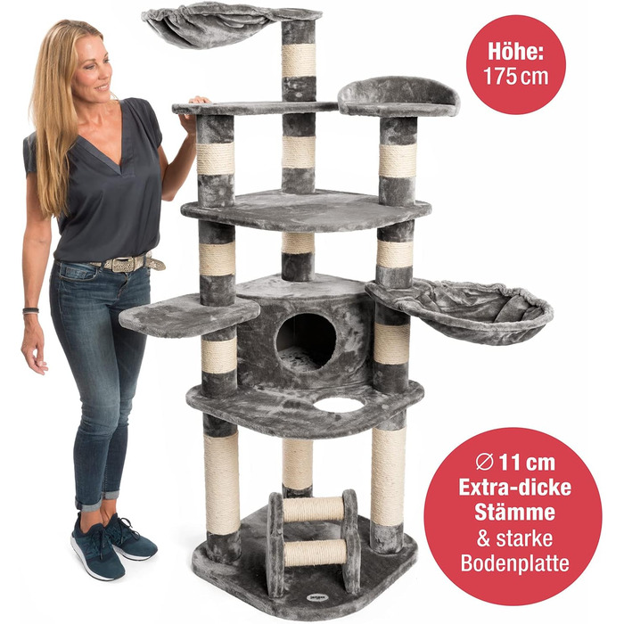 Дряпка для великих котів JAMAXX Premium XXL, 175 см, товсті стовпи 11 см, м'який плюш, сіра