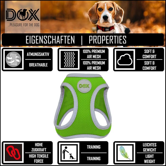 Шлейка для собак DDOXX відбиваюча Airmesh, регульована, для цуценят та собак всіх розмірів, XS, зелена (обхват грудей 28-33 см)
