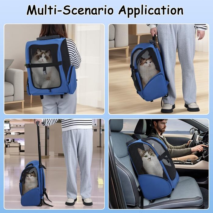 Роликова переноска для домашніх тварин, рюкзак для собак з телескопічною ручкою та кишенями, переноска для собак для маленьких тварин, 42x26x55 см, регульована ручка, оксфордська тканина, Королівський синій