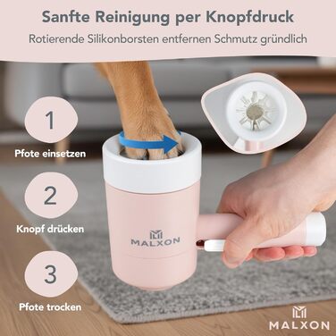 Очисник лап для котів та дрібних собак MALXON® | Ротаційні силіконові щітки, м'яке та швидке очищення, з мікрофібровою тканиною, рожевий/білий