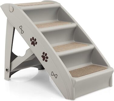 Сходинка для домашніх тварин GYMAX з 4 сходинками, складана, з пластику, з антиковзкими накладками, 4 килимки, трикутна структура, допомога у підйомі для котів та собак (Сірий)